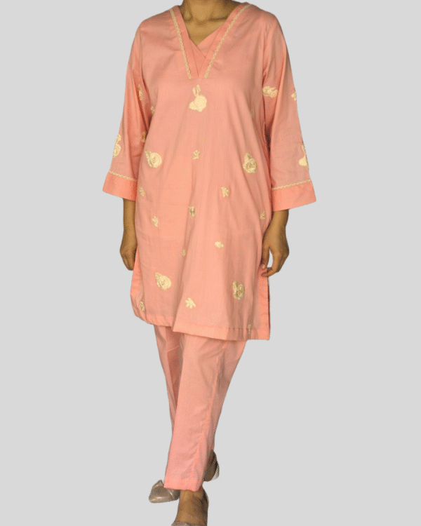sand orange embroidered kurta with white farshi shalwar – 2 piece ready to wear