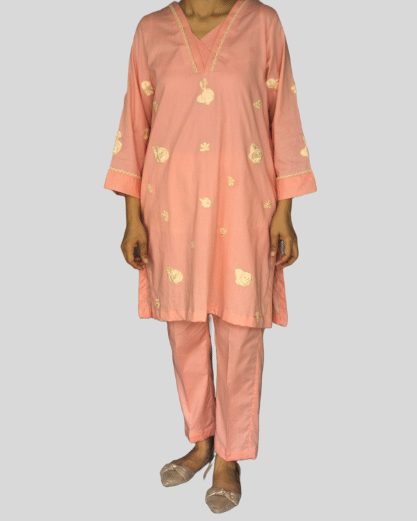 sand orange embroidered kurta with white farshi shalwar – 2 piece ready to wear