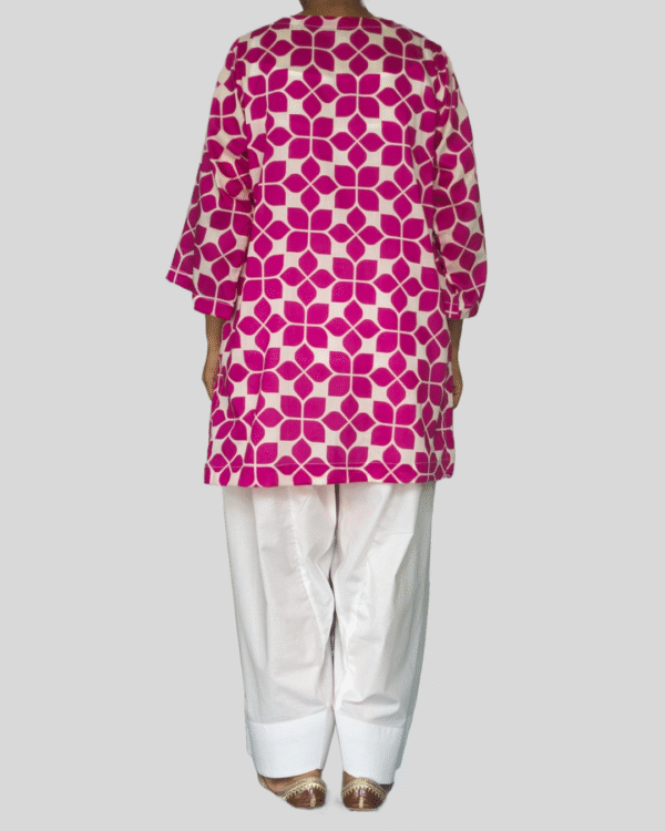 pink geometric printed kurta with white farshi shalwar