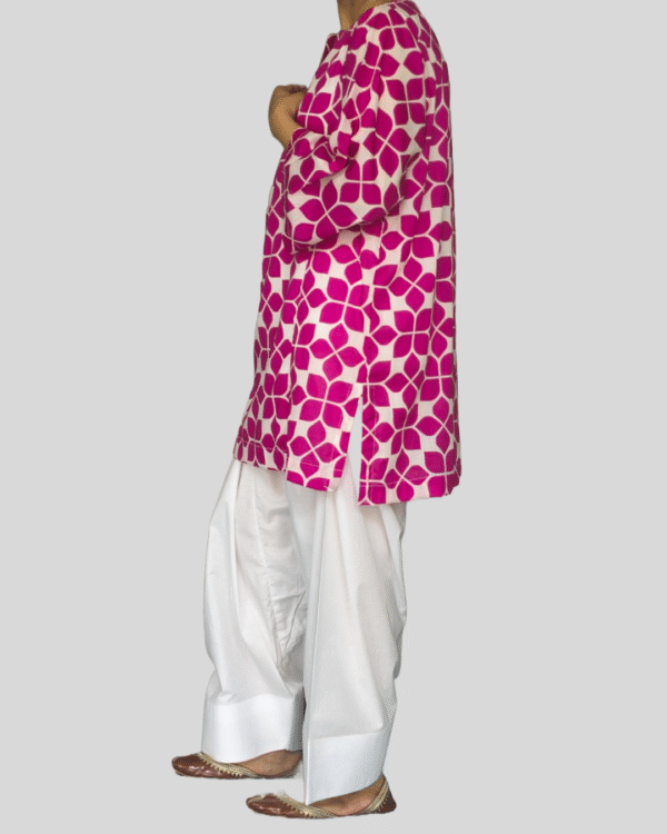 pink geometric printed kurta with white farshi shalwar