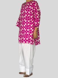 pink geometric printed kurta with white farshi shalwar