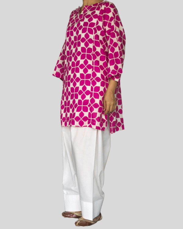 pink geometric printed kurta with white farshi shalwar