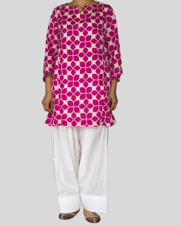 pink geometric printed kurta with white farshi shalwar