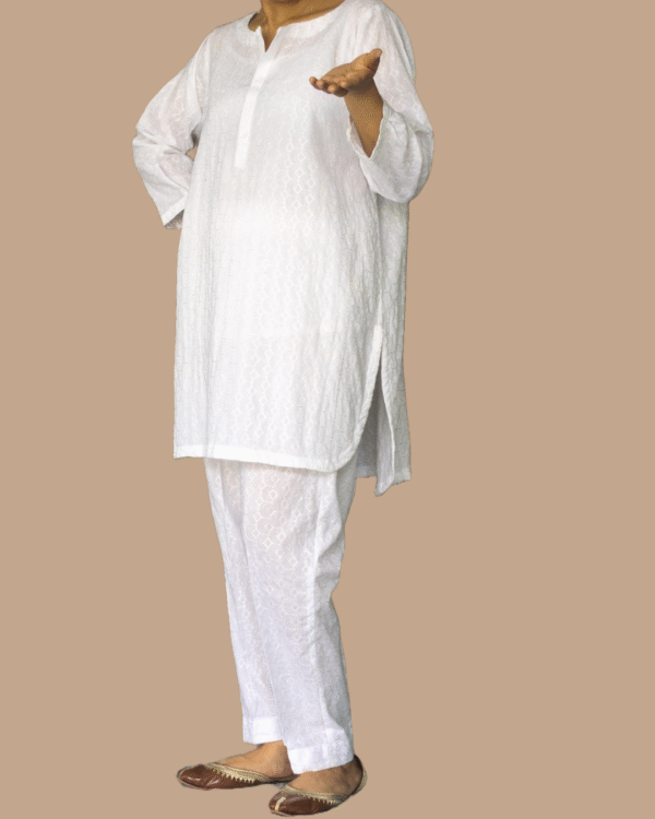 white chikankari kurta with matching trouser
