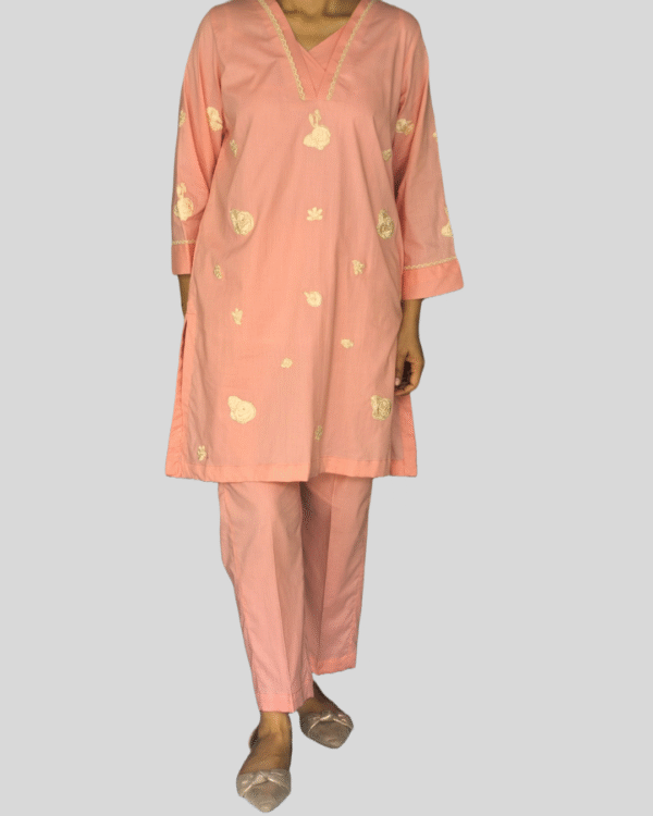 sand orange embroidered kurta with white farshi shalwar – 2 piece ready to wear
